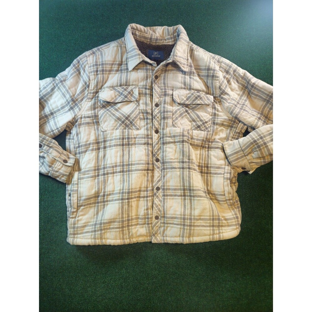 George Men’s Button Up Quilted Flannel Shacket Shirt 2XL Plaid Jacket